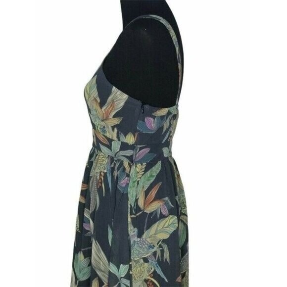 Junk Hippie Womens Midi A Line Black Green Bird Foliage Floral Cutout Dress SZ M - Picture 2 of 9